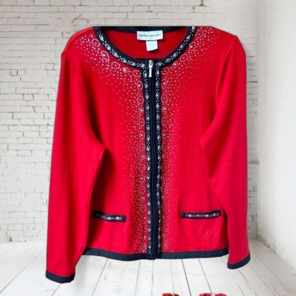 CATHY DANIEL’S Pretty Red Sequin Embroidered Zip Front Sweater Jacket.